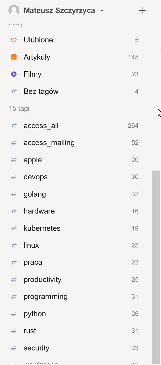 Screenshot raindrop i lista aktualnych tagów, wraz z liczbą podstron